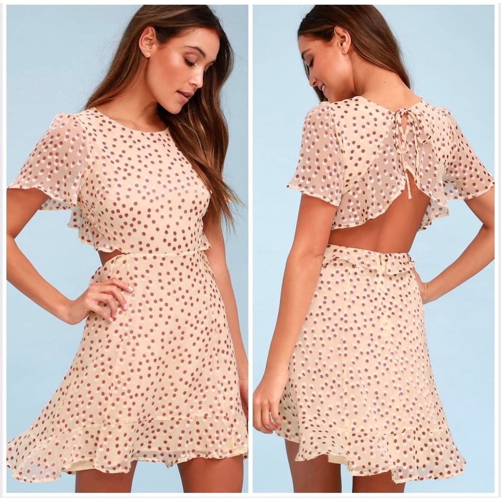 ASTR the Label Polka Dot Cutout Open Back Mini Dress Cream Rose Size XSmall